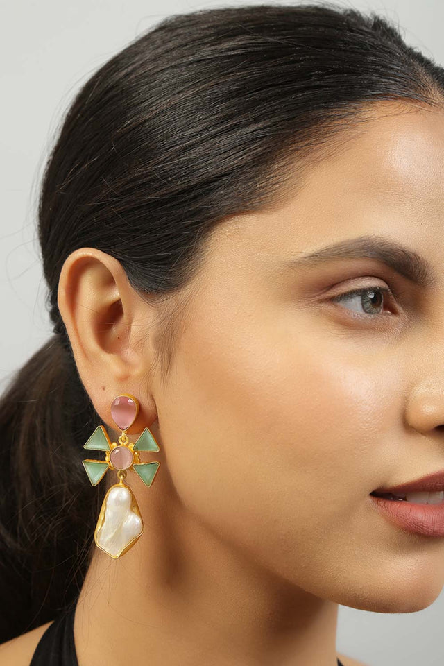 Pink Green Mona Lisa Stone And Baroque Pearl Earrings (FEMCJ006)