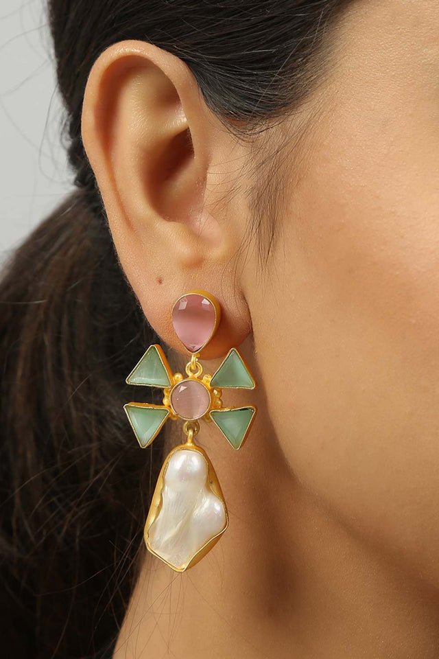 Pink Green Mona Lisa Stone And Baroque Pearl Earrings (FEMCJ006)