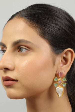 Pink Green Mona Lisa Stone And Baroque Pearl Earrings (FEMCJ006)
