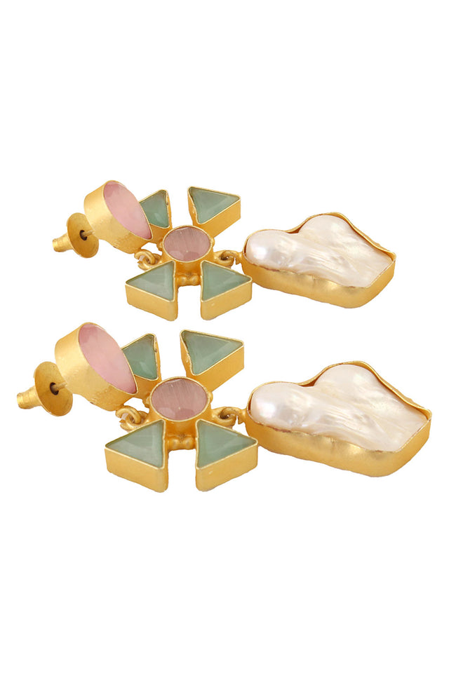 Pink Green Mona Lisa Stone And Baroque Pearl Earrings (FEMCJ006)