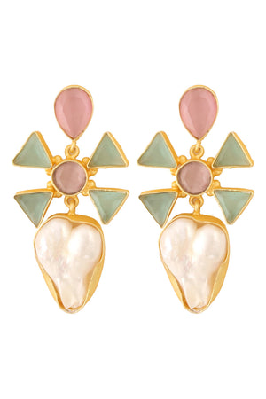 Pink Green Mona Lisa Stone And Baroque Pearl Earrings (FEMCJ006)