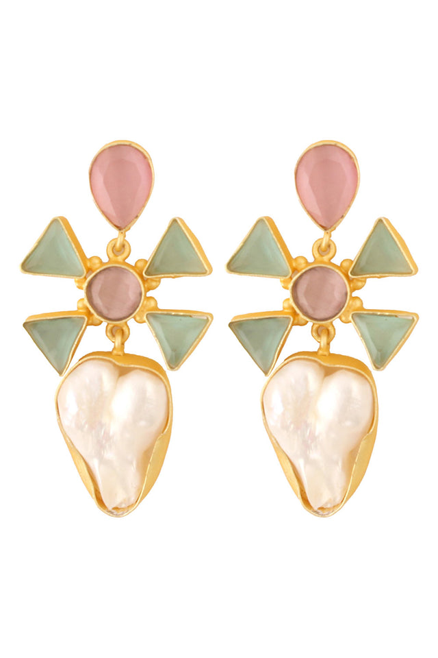 Pink Green Mona Lisa Stone And Baroque Pearl Earrings (FEMCJ006)