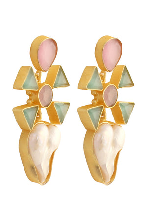 Pink Green Mona Lisa Stone And Baroque Pearl Earrings (FEMCJ006)