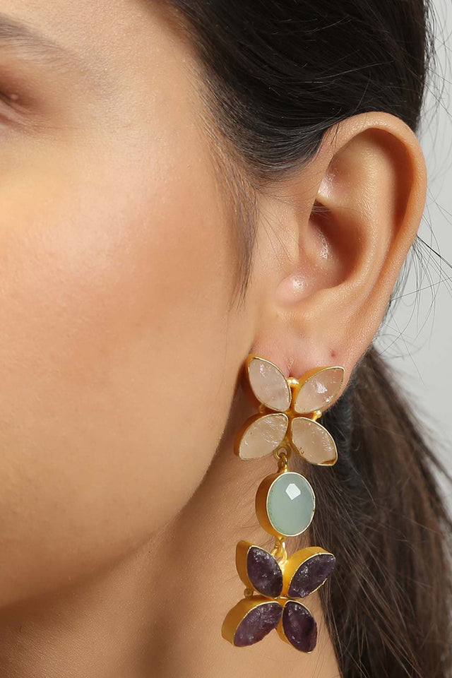 Semiprecious Rose Quartz, Aqua Chalcedony And Amethyst Earrings (FEMCJ007)