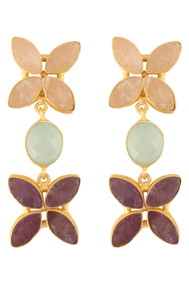 Semiprecious Rose Quartz, Aqua Chalcedony And Amethyst Earrings (FEMCJ007)