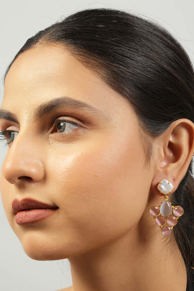 Grey Pink Mona Lisa Stone And Fresh Water Pearl Earrings (FEMCJ009)