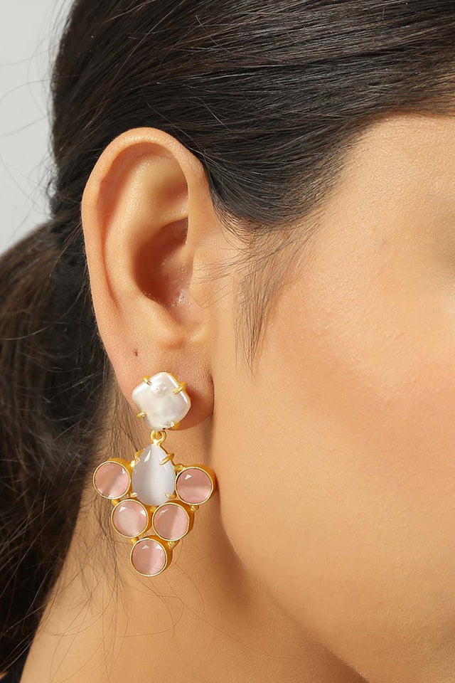 Grey Pink Mona Lisa Stone And Fresh Water Pearl Earrings (FEMCJ009)