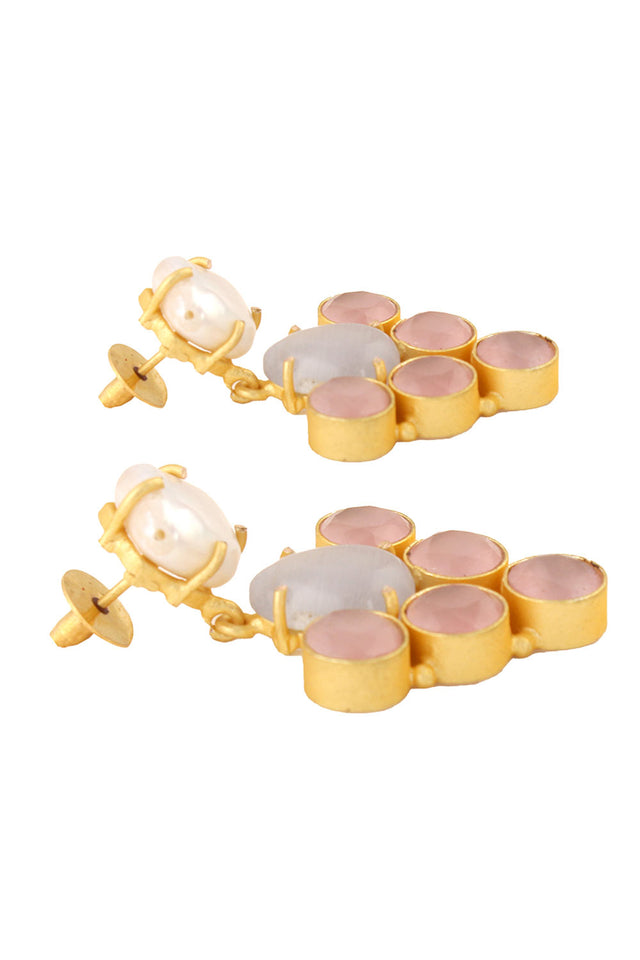Grey Pink Mona Lisa Stone And Fresh Water Pearl Earrings (FEMCJ009)