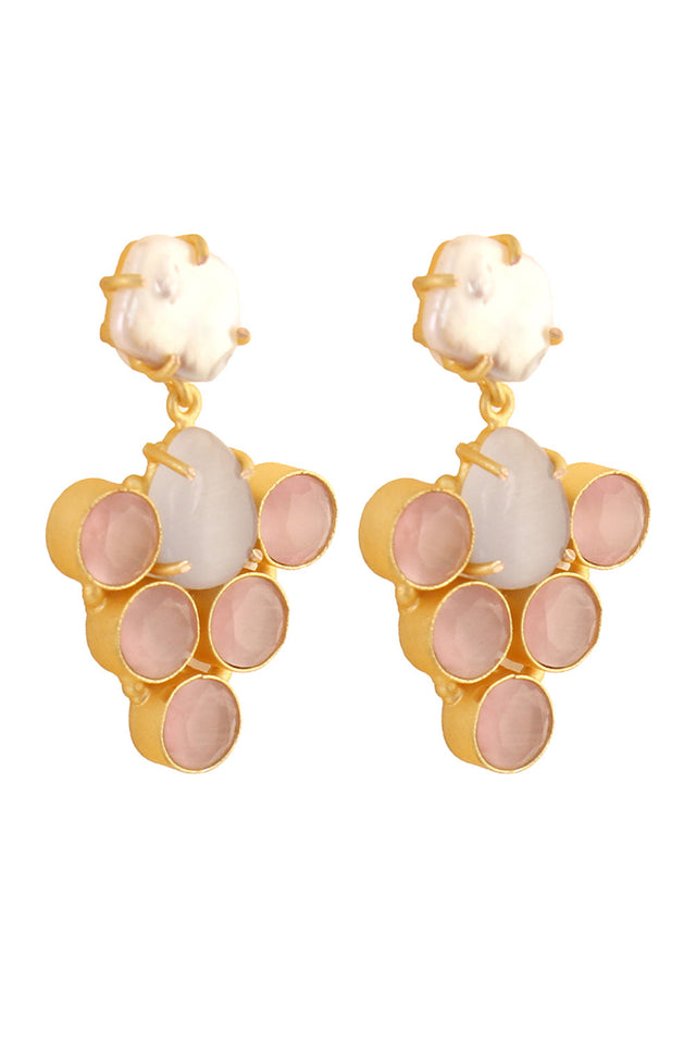 Grey Pink Mona Lisa Stone And Fresh Water Pearl Earrings (FEMCJ009)