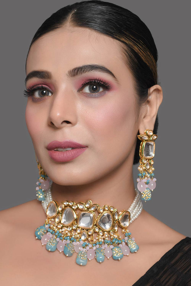 Blue And Pink Tanjore Beaded Kundan Necklace With Earrings (FEMDW006)
