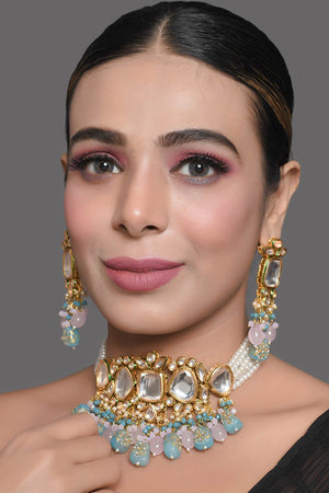 Blue And Pink Tanjore Beaded Kundan Necklace With Earrings (FEMDW006)