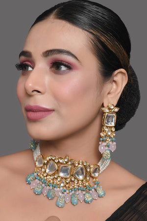 Blue And Pink Tanjore Beaded Kundan Necklace With Earrings (FEMDW006)