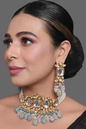 Blue And Pink Tanjore Beaded Kundan Necklace With Earrings (FEMDW006)
