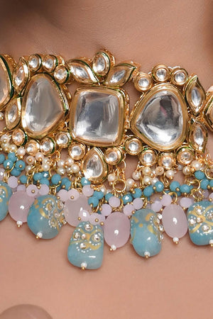 Blue And Pink Tanjore Beaded Kundan Necklace With Earrings (FEMDW006)