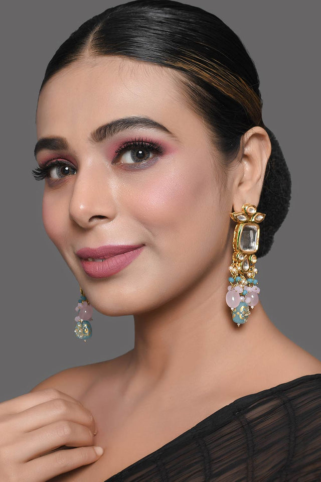 Pastel Blue & Pink Beaded Handcrafted Kundan Earrings (FEMDW007)