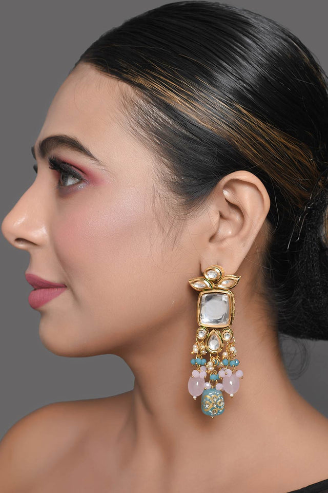Pastel Blue & Pink Beaded Handcrafted Kundan Earrings (FEMDW007)