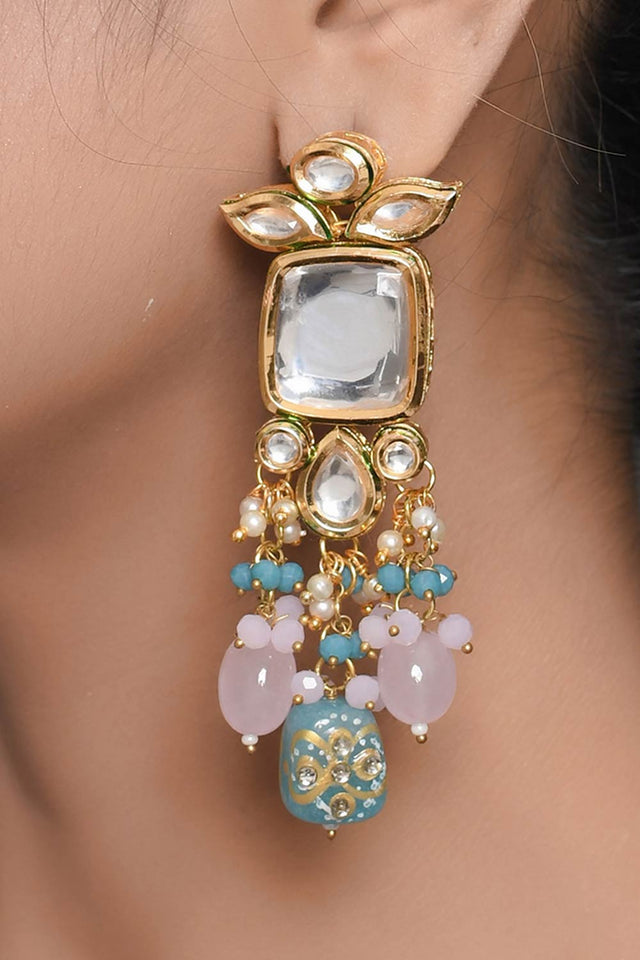 Pastel Blue & Pink Beaded Handcrafted Kundan Earrings (FEMDW007)