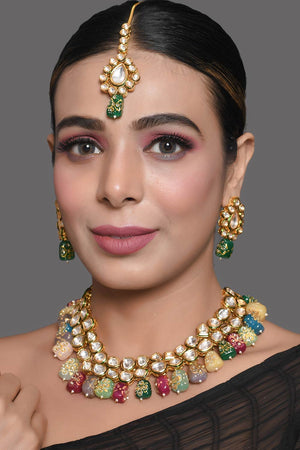 Multicolored Beaded Kundan Necklace With Earrings & Mang Tikka (FEMDW019)