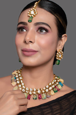 Multicolored Beaded Kundan Necklace With Earrings & Mang Tikka (FEMDW019)