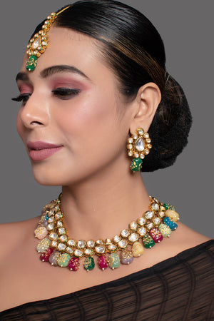 Multicolored Beaded Kundan Necklace With Earrings & Mang Tikka (FEMDW019)