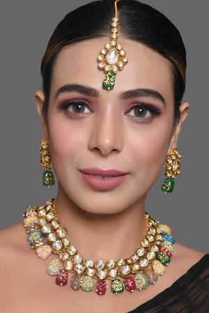 Multicolored Beaded Kundan Necklace With Earrings & Mang Tikka (FEMDW019)