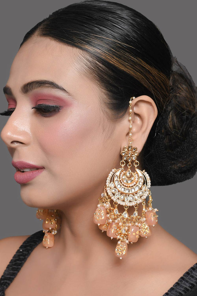 Peach Gold Tone Kundan Inspired Chandbali Earrings (FEMDW023)