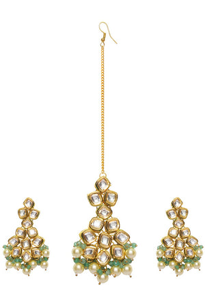 Jade Gold Tone Kundan Earrings And Maang Tikka With Pearls (FEMDW027)