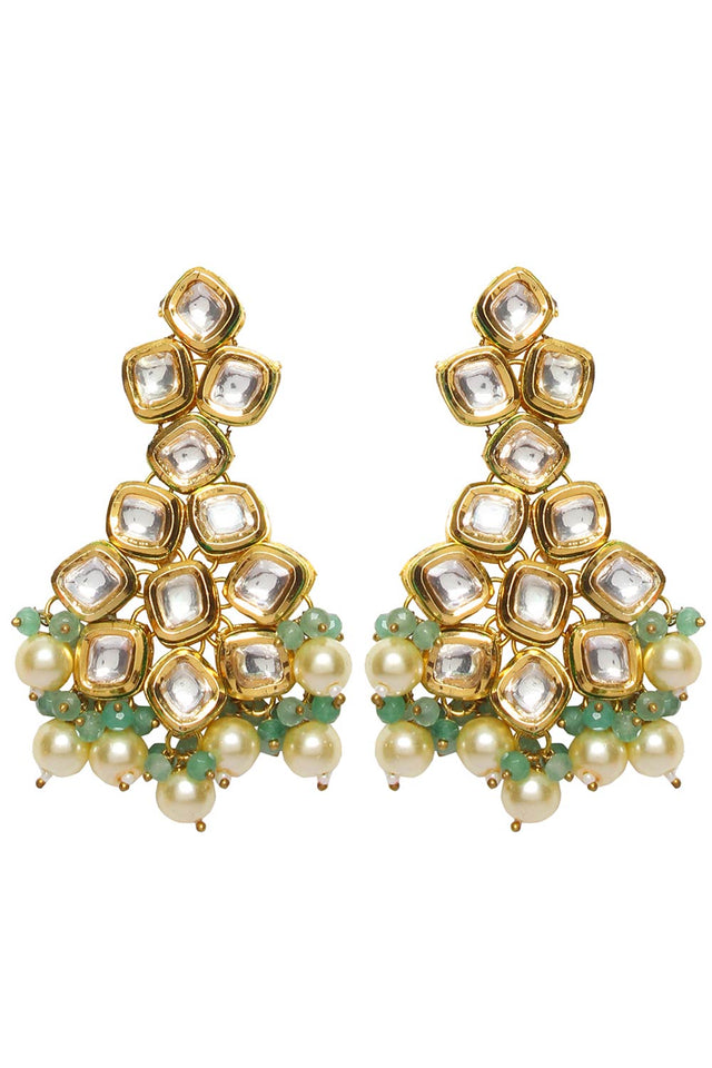 Jade Gold Tone Kundan Earrings And Maang Tikka With Pearls (FEMDW027)
