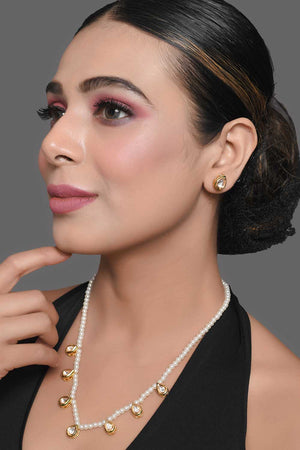 Pearl Beaded Kundan Embellished Necklace With Earrings (FEMDW033)