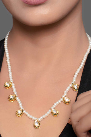 Pearl Beaded Kundan Embellished Necklace With Earrings (FEMDW033)