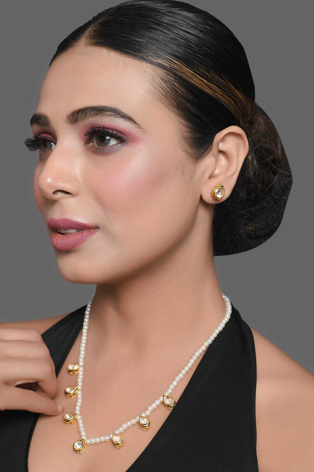 Pearl Beaded Kundan Embellished Necklace With Earrings (FEMDW033)