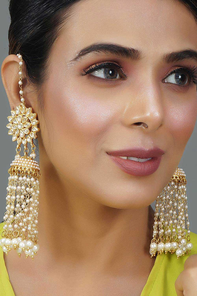 Kundan Floral Gold-Toned & White Classic Drop Earrings (FEMERS040)