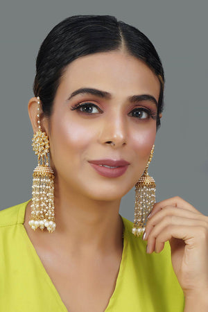 Kundan Floral Gold-Toned & White Classic Drop Earrings (FEMERS040)