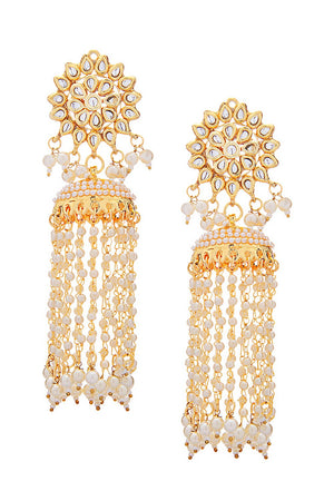 Kundan Floral Gold-Toned & White Classic Drop Earrings (FEMERS040)