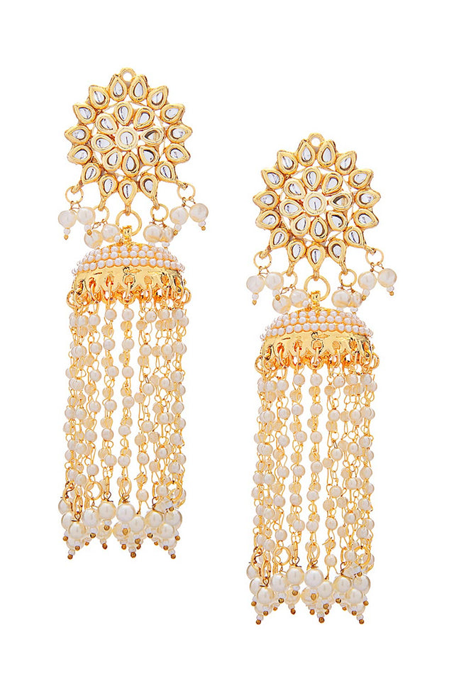 Kundan Floral Gold-Toned & White Classic Drop Earrings (FEMERS040)