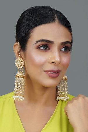 Kundan Floral Gold-Toned & White Classic Drop Earrings (FEMERS040)