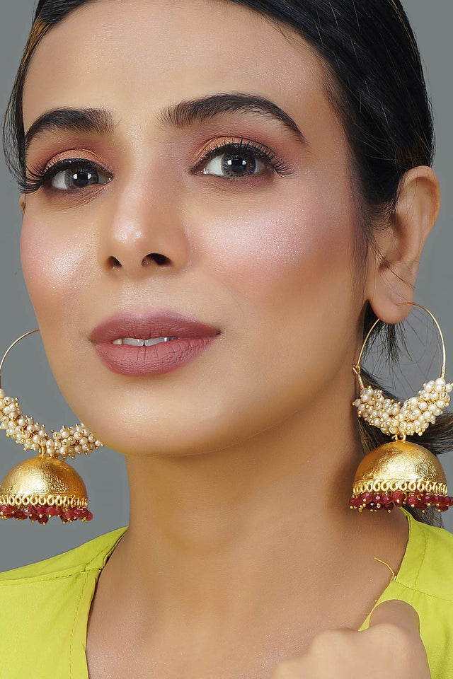 Pink Gold Tone Pearl Beaded Earrings (FEMERS051)