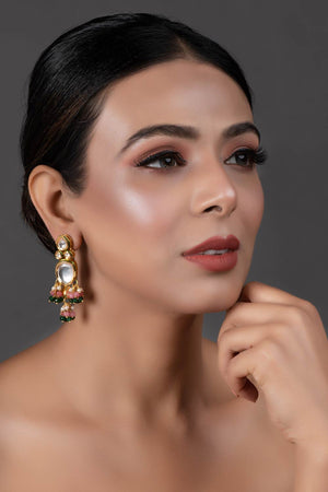 Pink Green Gold Tone Kundan Earrings (FEMERS060)