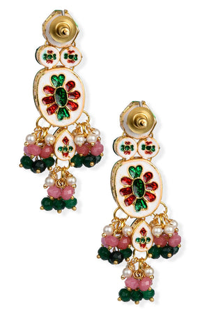 Pink Green Gold Tone Kundan Earrings (FEMERS060)