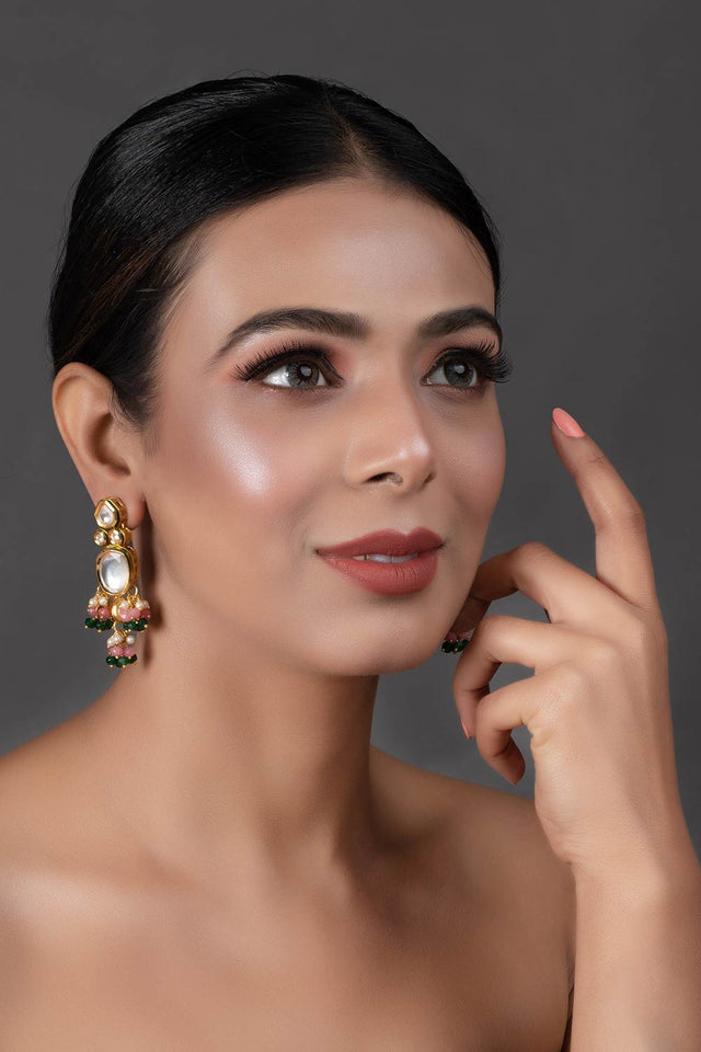 Pink Green Gold Tone Kundan Earrings (FEMERS060)