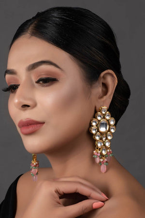 Handcrafted Pink Green Gold Tone Kundan Earrings (FEMERS062)