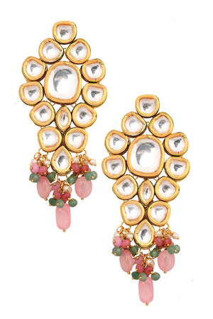 Handcrafted Pink Green Gold Tone Kundan Earrings (FEMERS062)