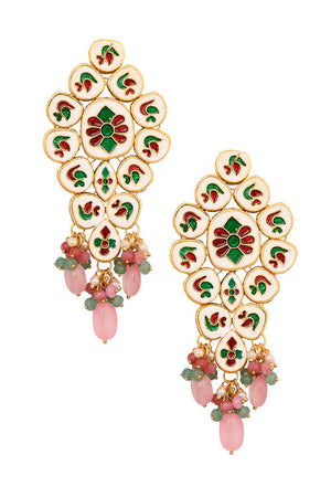Handcrafted Pink Green Gold Tone Kundan Earrings (FEMERS062)