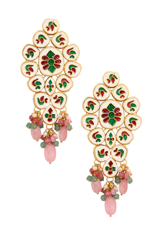 Handcrafted Pink Green Gold Tone Kundan Earrings (FEMERS062)