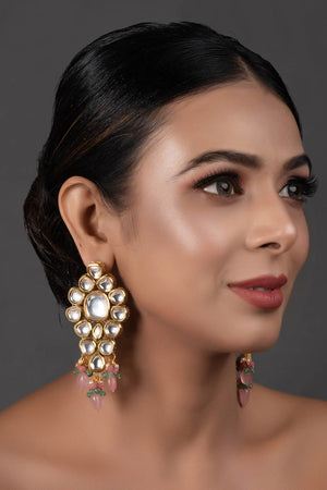 Handcrafted Pink Green Gold Tone Kundan Earrings (FEMERS062)