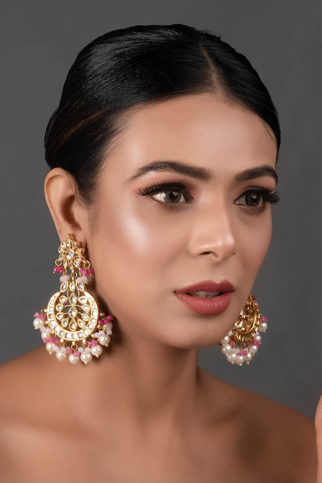 Pearl & Pink Beaded Gold Toned Kundan Earrings (FEMERS067)