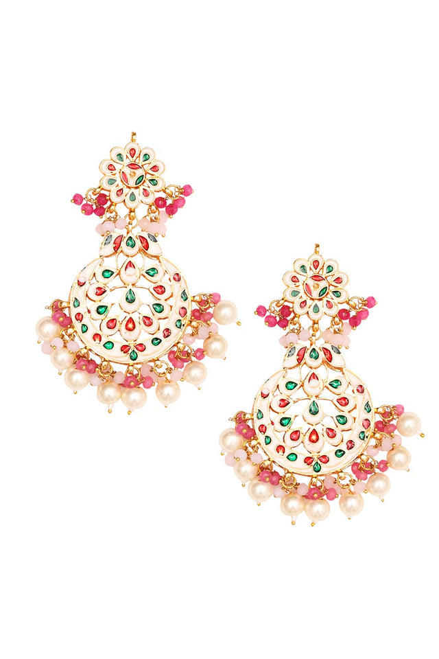 Pearl & Pink Beaded Gold Toned Kundan Earrings (FEMERS067)