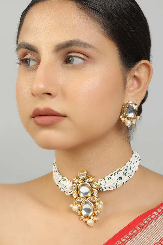 Pearl Beaded Kundan Choker Necklace With Earrings (FEMKD011)