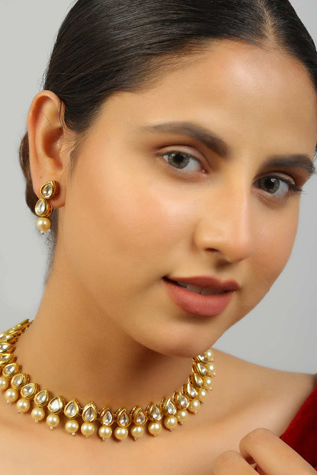 Kundan Ivory Beaded Necklace With Earrings (FEMKD019)