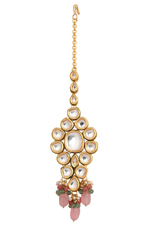 Pink Beaded Gold Tone Kundan Handcrafted Mang Tikka